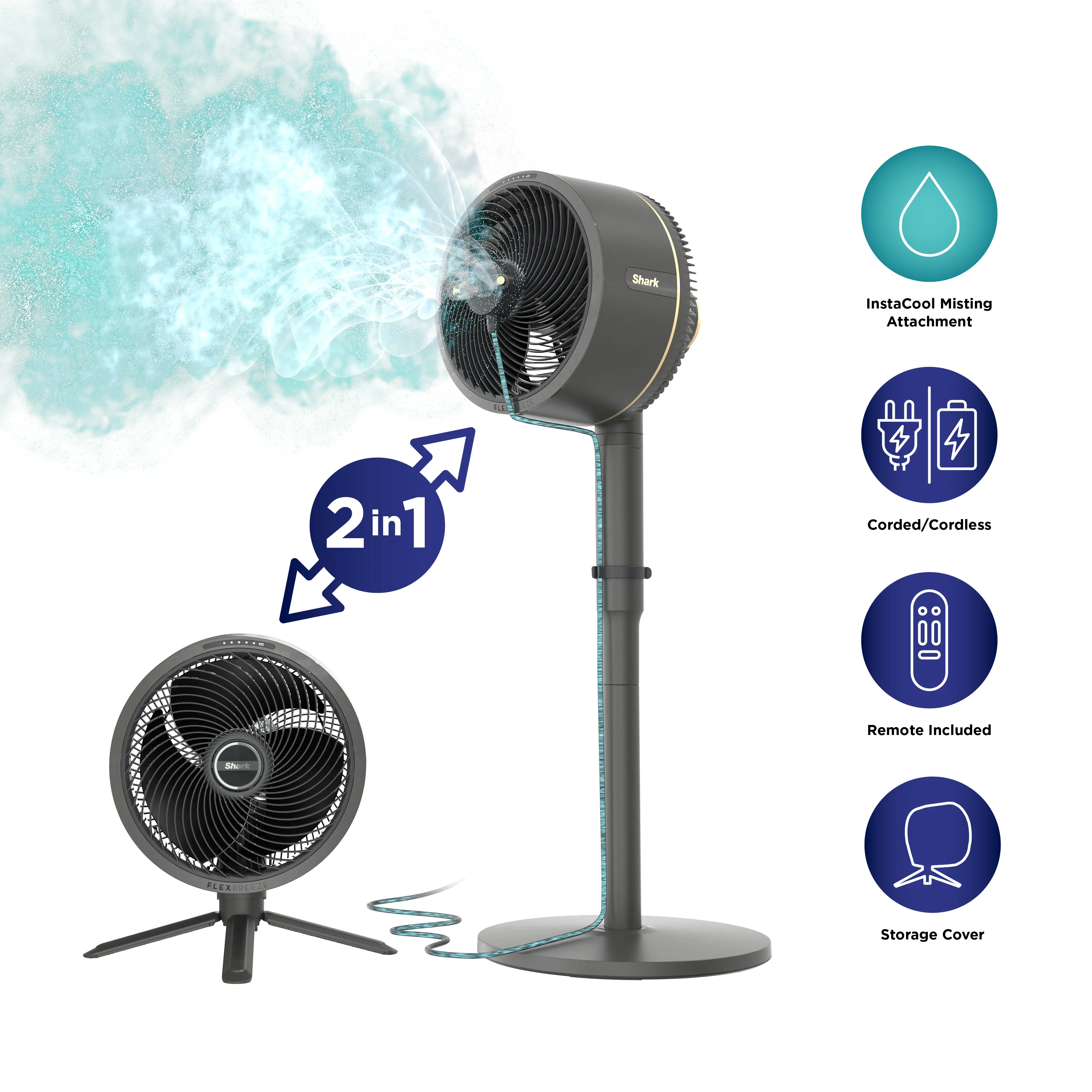 Shark FlexBreeze Fan with InstaCool Mist Attachment, Cordless & Corded, Outdoor & Indoor - FA225 Shark FlexBreeze Fan with InstaCool Mist Attachment, Cordless & Corded, Outdoor & Indoor - FA225
