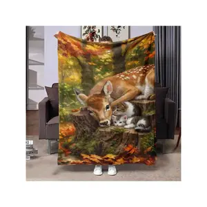 Warm Cozy Autumn Forest Spotted Deer & Cute Little Kittens Printed Soft Flannel Throw Blanket