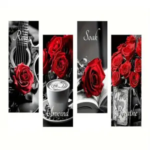 Rose Pattern Wall Art, Rose Print, 4 Counts/set Wooden Wall Decor, Modern Wall Art for Home Living Room Bedroom Decor, Home Decor Ideas