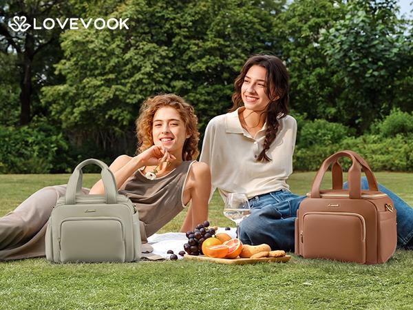 LOVEVOOK Insulated Lunch Bag for Women, PU leather Lunch Box with Shoulder Strap, Wide Opening Adult Large Lunch bags for Work Picnic Beach Family Camping Outdoor Teacher