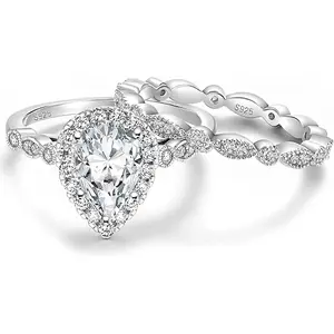 925 Sterling Silver Bridal Ring Sets Wedding Teardrop Engagement Rings Vintage Pear Promise Marquise for Women