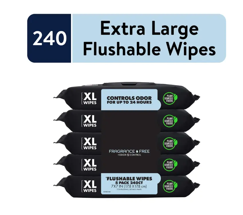 Wipes Fragrance-Free Plus Odor Control, XL Moist Wipes, 48 ​​Count, 5 Pack