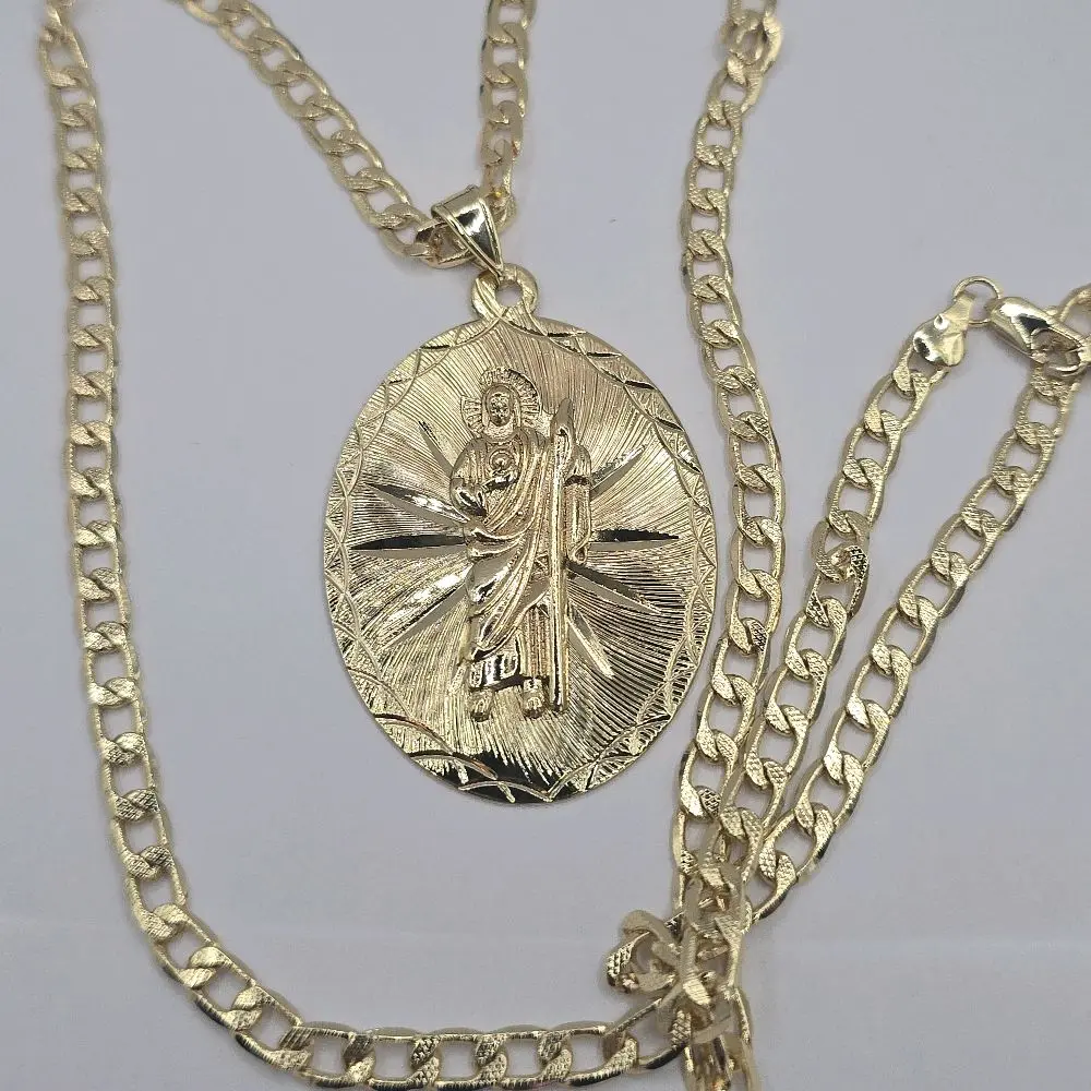 Saint Jude Cuban Link Style Necklace Gold-Plated Religious Design Long Chain with Pendant and Chain
