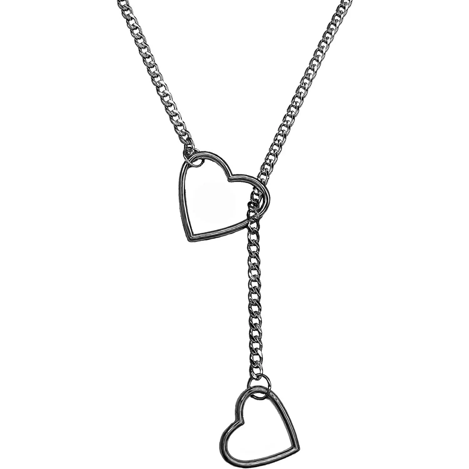 Heart O-ring Slip Chain Necklace for Women,Punk Gothic Stainless Steel Cuban Necklace for Women Adjustable Lariat Y-Necklace for Men,Size 24 '' 29 '' 34 ''