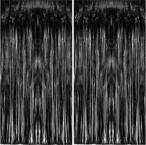 2 Pack Foil Curtain Backdrop Black Metallic Tinsel Foil Fringe Curtains Photo Booth Props for Birthday Wedding Engagement Baby Shower Bachelorette Christmas Holiday Celebration Party Decorations