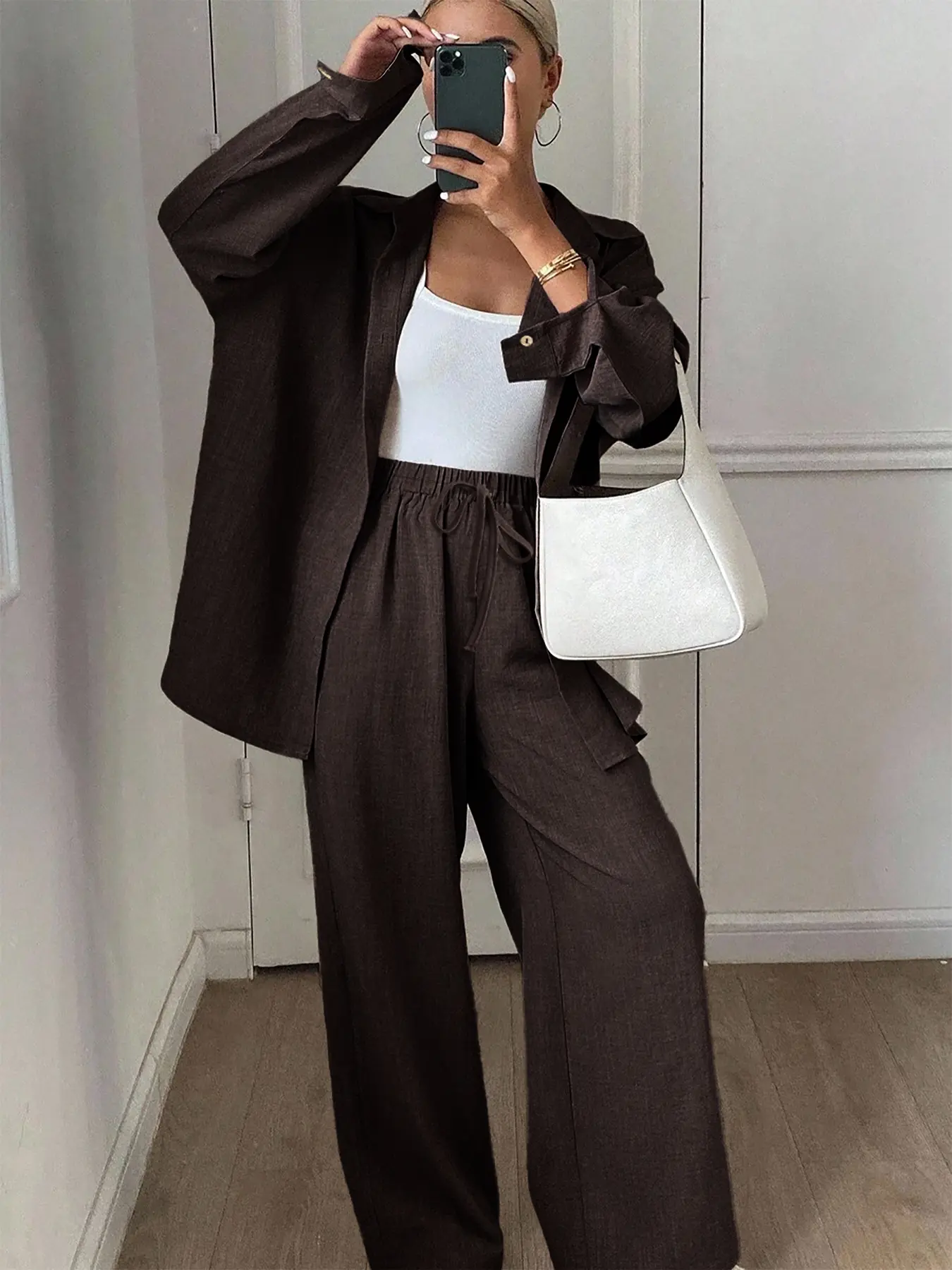 Plus Size Two-Piece Set Solid Button Front Shirt & Drawstring Waist Pants Set, Casual Drop Shoulder Long Sleeve Top & High Waist Trousers for Daily Wear, Women's Two-piece Outfits for Spring & Fall, Fashion Clothing Set