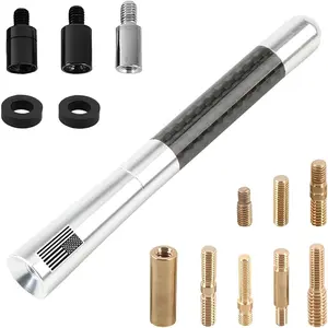 Carbon Fiber Car Short Antenna, 4.7 inch American Flag Vehicle Radio Billet Antenna with 2Screw 9Adapter 2Rings, Waterproof Automotive AM FM Reception Mast Replacement, Universal Fit (Silver)