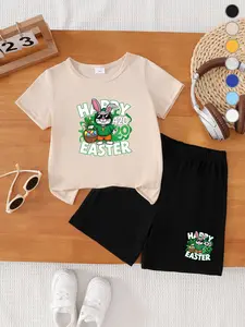 Boys' Cool Sunglasses Rabbit Short Sleeve Shorts Set, Summer Two-Piece, Fun Bunny Print Top, Loose Comfortable Waist Pants