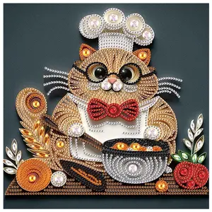 Cat Chef Design Diamond Arts Colorful Painting Kit without Frame, 5D Special Shape Rhinestone Painting Kit, DIY Wall Art Decor for Home Living Room Bedroom