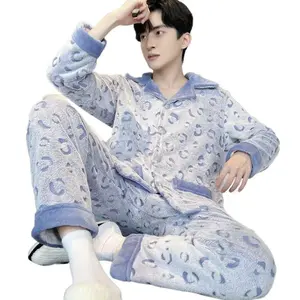 Winter pajamas for men, thickened and warm coral fleece set, large size, autumn and winter fleece flannel home wear for men