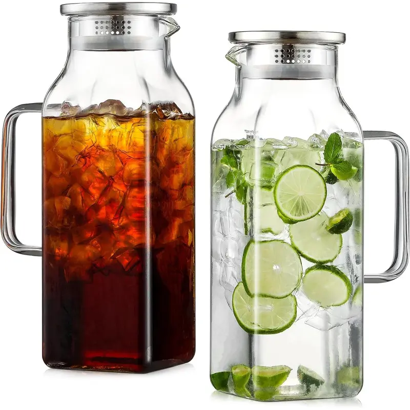 Netany 2-Pack 2L Square Borosilicate Glass Pitchers - Durable Fridge-Safe Carafes with Lid, Handle, Heat-Resistant for Drinking Hot/Cold Drinks, Beverage Serving Office Equipment Parts