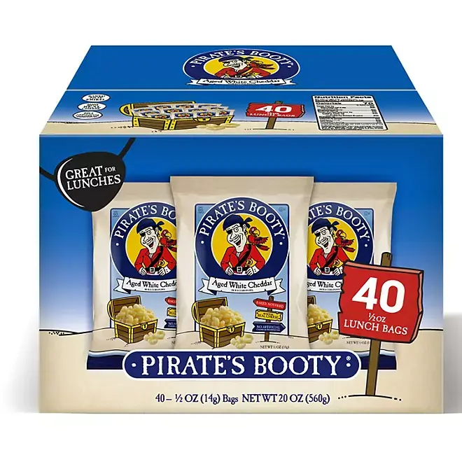 Pirate's_Booty Aged White Cheddar Puffs, 0.5 oz. bag, 40 Lunch Snack Pack Crunchy