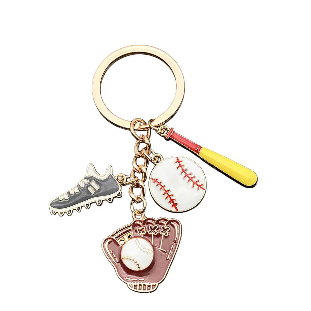 Baseball Sports Keychain, Gold Alloy Keyring with Enamel Helmet-Glove-Bat Shoe Charms, Compact Unisex Wear Iconic Set, Plated Crystal Tassel Couple Bag Pendant, Game Day Souvenir Gift for Athletes & Coaches, Sporty Look, Enamel Detail, Baseball Players, C