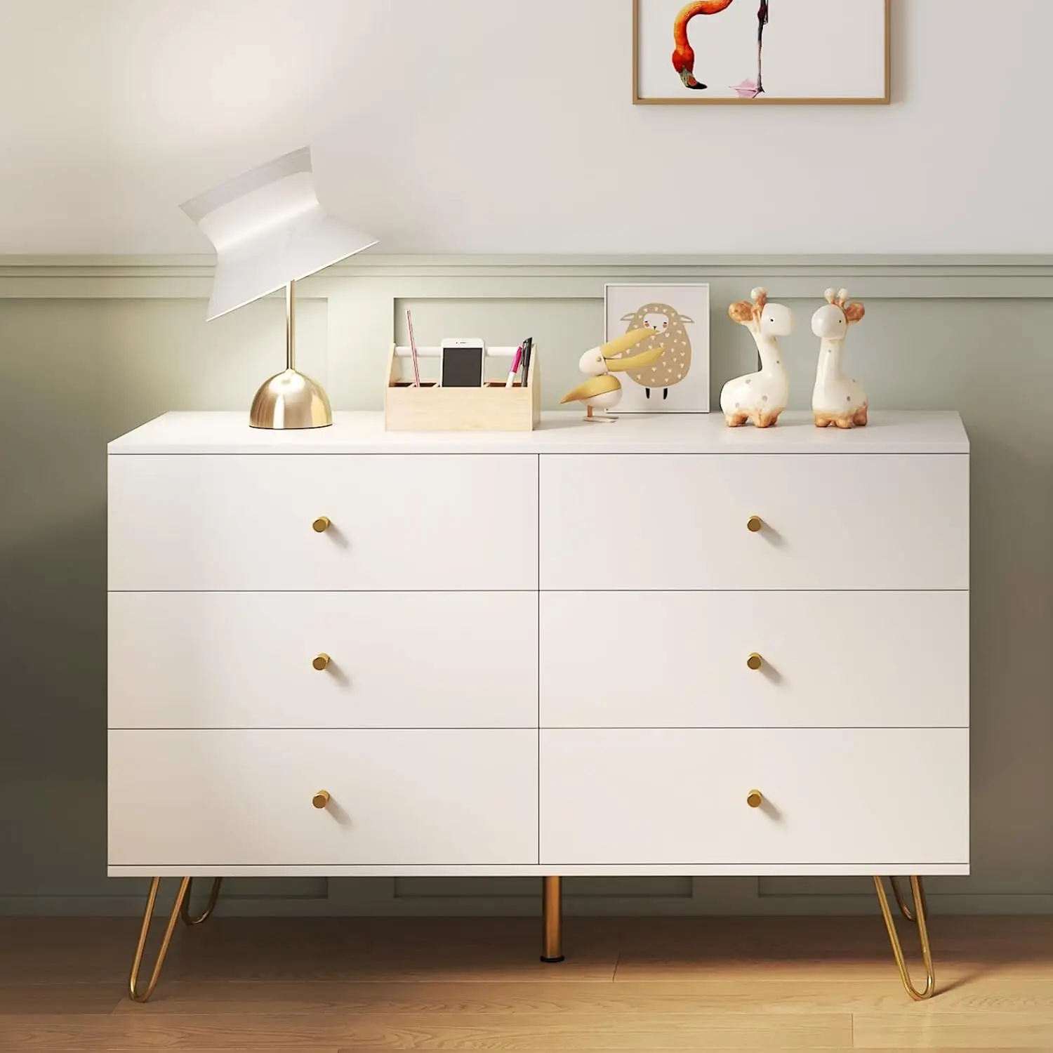 White Dresser for Bedroom, Wide Wood Dressers & chests of 6 Drawers, TV Stand for 55" TV, Modern Storage Drawers for Bedroom Entryway, Closet, Hallway