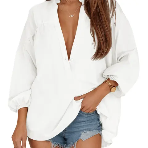 Yousify Women's Casual Breathable V-Neck Button-Down Blouse - 3/4 Sleeve Loose Fit High-Low Hem Basic Top, for Holidays, Going Out, First Day of School Outfits, Beach-to-Office