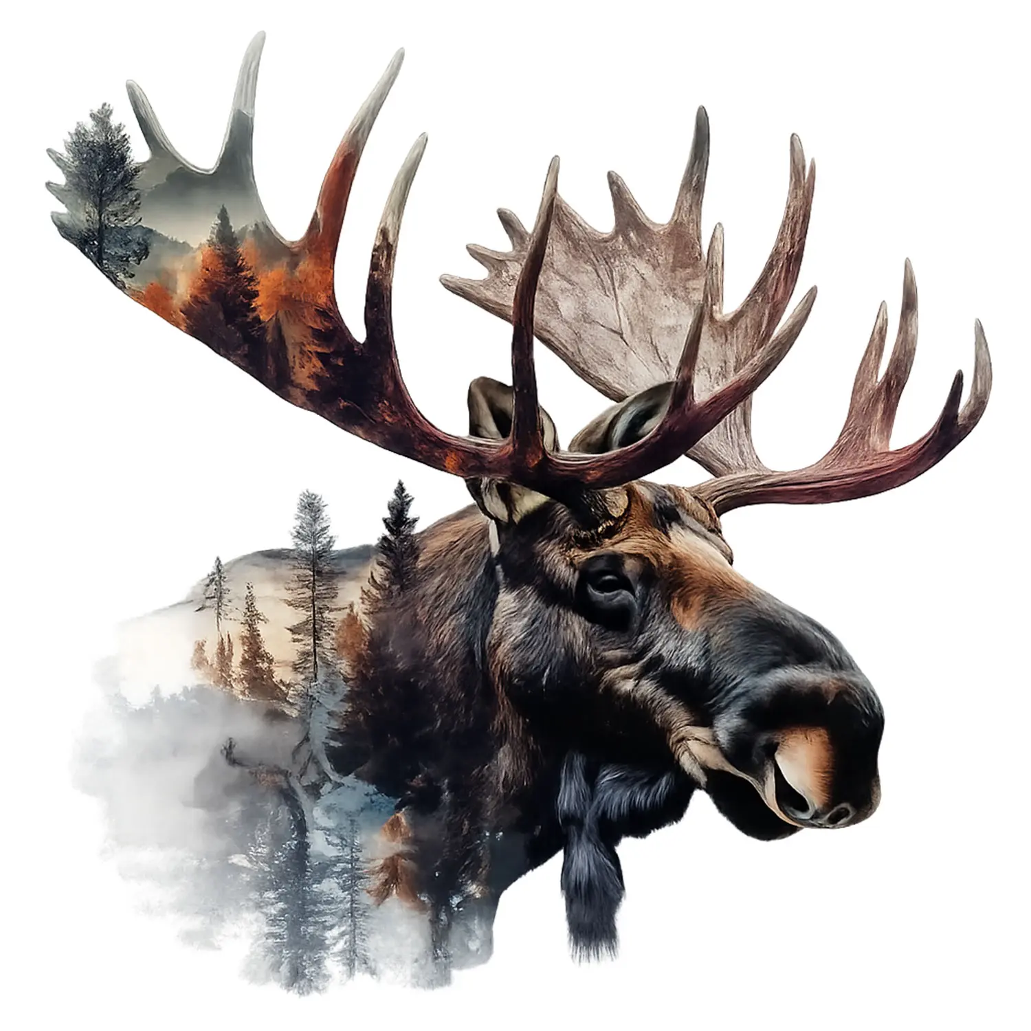Majestic Moose Forest Sticker, Double Exposure Wildlife Decal for Laptop, Water Bottle, Tumbler, Car Window, Notebook, Cooler, Toolbox and Outdoor Gift