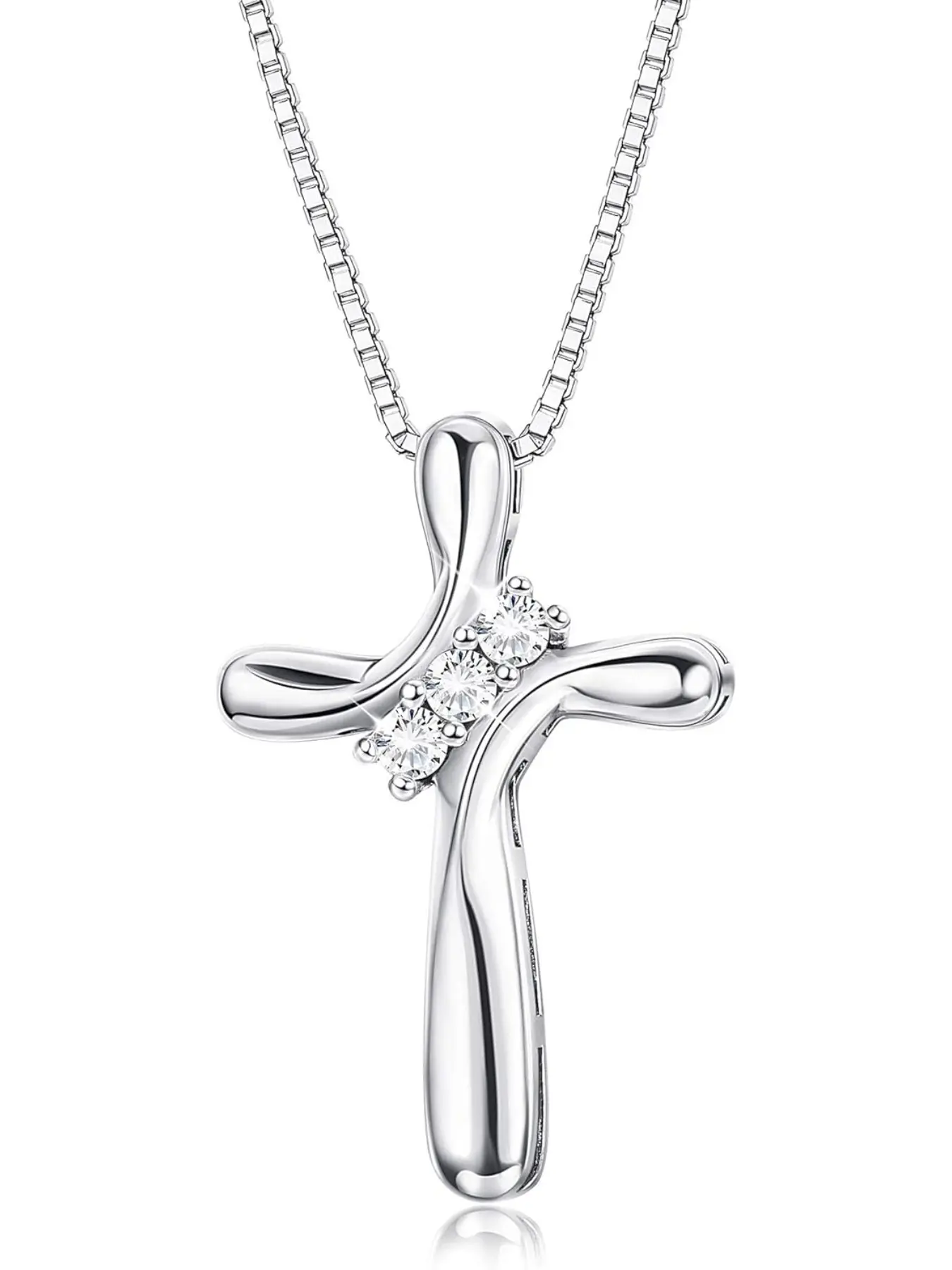 Women's 925 Sterling Silver Cuban Cross Necklace, Religious Necklace, Faith Necklace, 3 Stone Cubic Zirconia Pendant, Cross Chain Design, 1mm Box Chain, 18 Inch Jewelry Gift for Her, Sparkling Cz Necklace