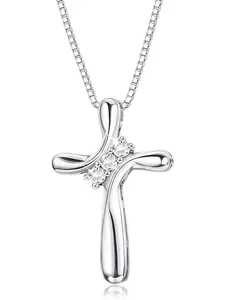 Women's 925 Sterling Silver Cuban Cross Necklace, 3 Stone Cubic Zirconia Pendant, 1mm Box Chain, 18 Inch Jewelry Gift for Her