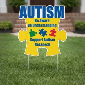 VictoryStore Corrugated Autism Awareness Puzzle Shape Outdoor Sign, 21"x21.5" Lawn Decoration with Plastic Stakes, Metal-Reinforced Home Decor Plaque for Advocacy Display