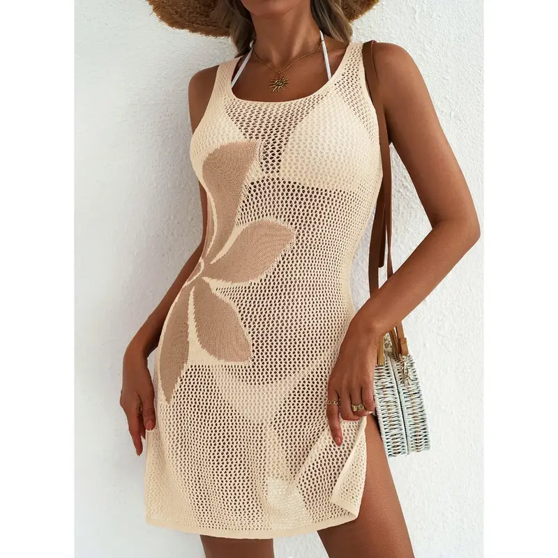 Dokotoo Women's Summer Swimsuit 2026 Cover up Crochet Beach Floral Hollow Out Slit Bikini Sleeveless Cover up Dresses