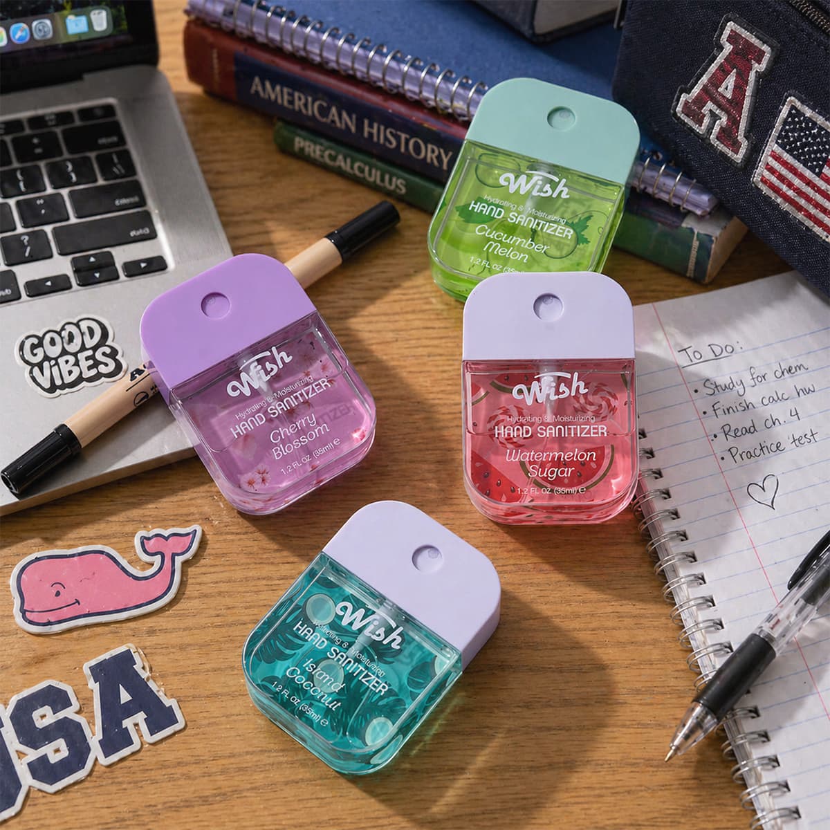 【Summer Edition】Wish Refreshing Hand Sanitizer Spray 4-Pack, 1.2 fl oz Each – Watermelon Sugar, Cherry Blossom, Island Coconut & Cucumber Melon