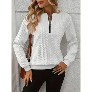 Women's Fashion Solid Color V-Neck Zipper Home Pullover - Casual long sleeves, polyester blend, machine washable - perfect for spring