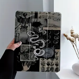Gothic Skeleton Snake Design iPad Case, Casing, Three-tiered stand iPad case, Transparent Acrylic Hard Back Panel With Pencil Slot, Suitable for All models of ipad Scratch-resistant Protective Case, Shock-resistant Full Cover