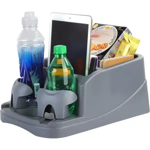 Big Plastic Console for , , Minivans, SUVs with 2 Adjustable Drink Cup Holders pad Book Holder,  Bench and Front Seat or Floor Middle Console   Organizer Grey