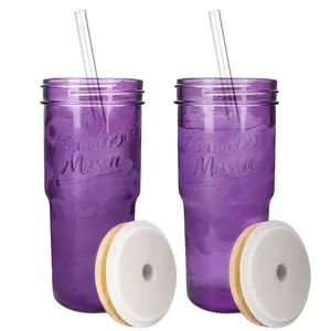 24oz Purple Mason Jar Glass Cups with Lids and Straws,Travel Coffee Mugs,Gifts for Her-Iced Coffee/Beverages,Cute  Bottles Tumbler