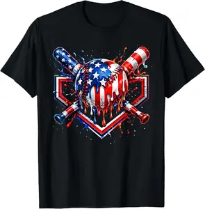 Patriotic American Flag Baseball Ice Cream Drip 4th of July T-Shirt Kids graphic tee