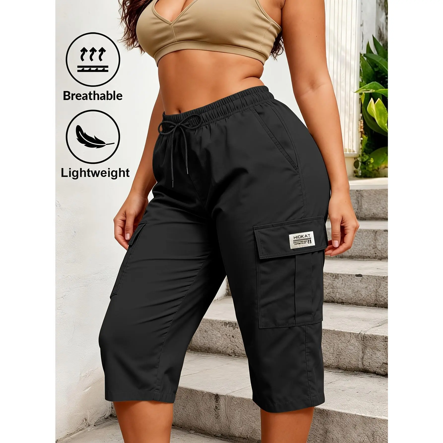 Women Lightweight Breathable Cargo Capri Pants, Elastic Drawstring Waist Multi Pocket Cropped Cargo Shorts, Trendy Casual Outdoor Hiking Capris, Summer Vacation Travel Loose Fit Bottoms,