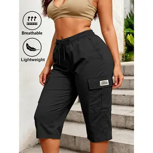 Women Lightweight Breathable Cargo Capri Pants, Elastic Drawstring Waist Multi Pocket Cropped Cargo Shorts, Trendy Casual Outdoor Hiking Capris, Summer Vacation Travel Loose Fit Bottoms,