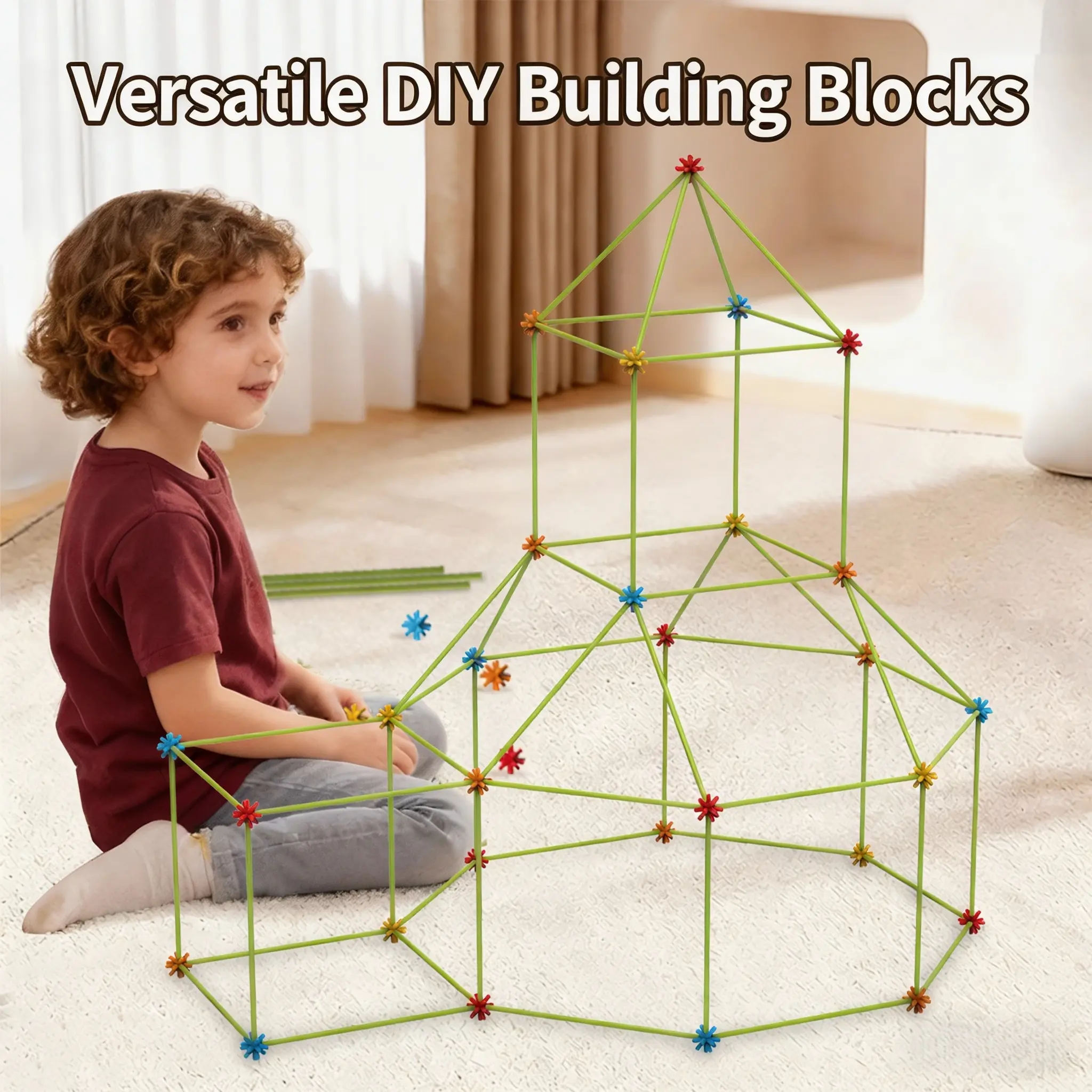 3D Spatial Geometry Sticks Building Blocks Set for Kids DIY Construction Toy Creative Architecture Stacking Puzzle Game Educational STEM Gift for Toddlers Boys Girls