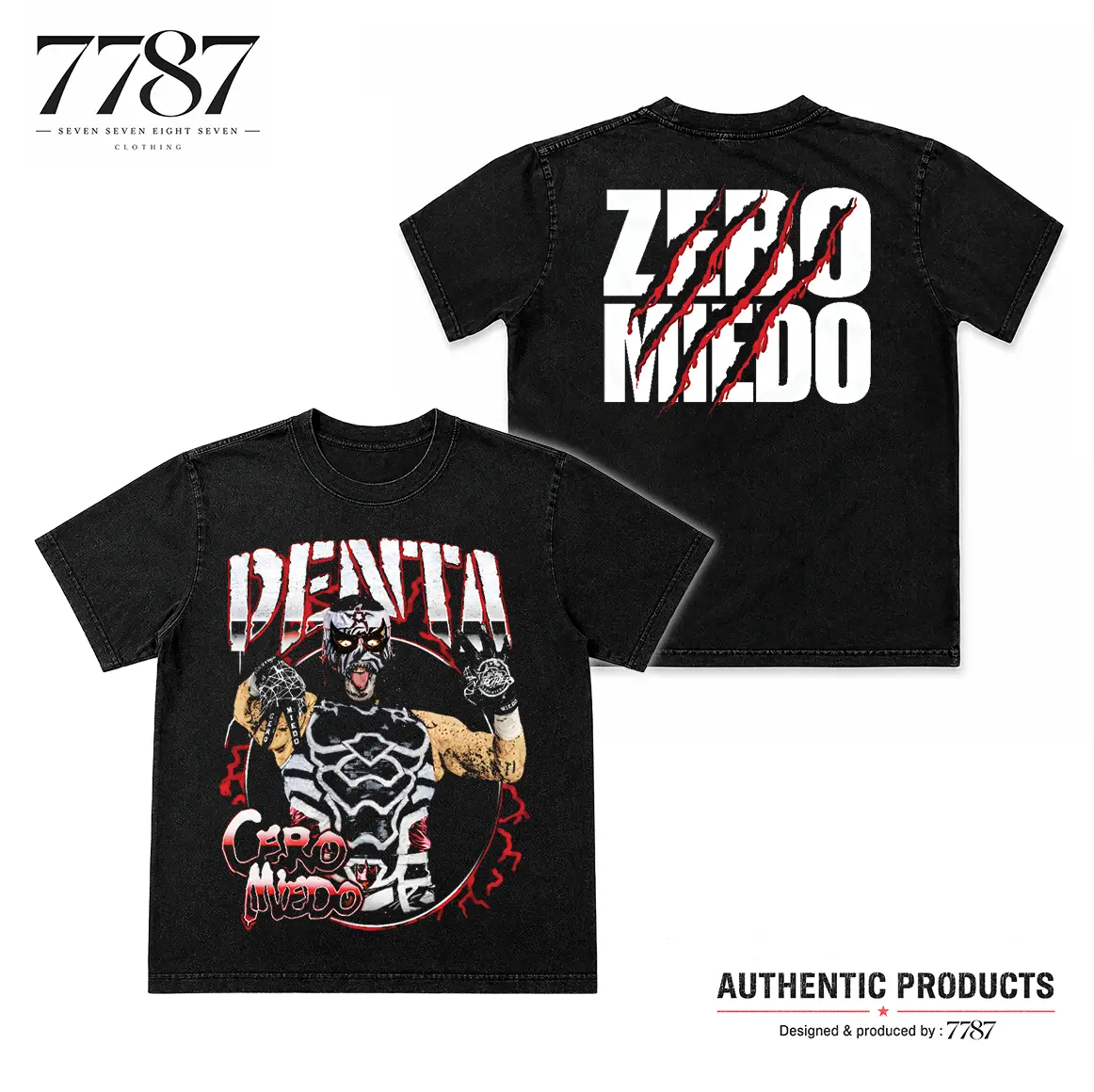 Penta Zero Miedo Menswear Washed Black Graphic T-Shirt, Masked Wrestling Streetwear Tee for Casual Everyday Wear