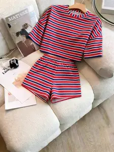 Elegant Striped Two-Piece Set, Classic Blue Thin Stripe Retro Style, Loose Straight Fit, Short Sleeve Shorts, Casual Daily Wear