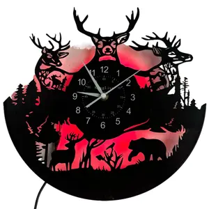 Vintage Forest Deer Vinyl Wall Clock with Seven-Color LED Display Silent Operation Battery Powered Home Office Bar Decor 30cm Diameter
