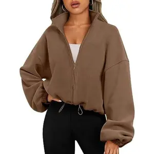 Women'sFall/WinterZip-UpStand-CollarLong-SleeveCroppedFleeceJacket-FleeceFabric,DrawstringHem,Loose/Casual/Sporty,Fleece-Lined&Warm,Y2KStyle