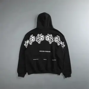 Darcsport Vintage Wolf Head Back Printed Hooded Autumn and Winter Men's Women's Pullover Fleece Lined Fur Selvedge Top