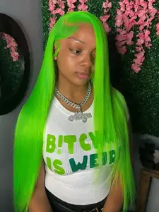 Neon Green 13x4 Lace Front Wig Bright Green Pre Plucked Hairline Straight Wig Heat Resistant Synthetic Wig Valentine’s Day Dating Look Straight Wig for Women Valentine’s Gift Present 28 Inch