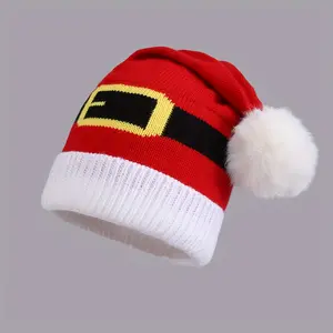 Women's Christmas Hat - Red & White Santa design with fluff Pom-Pom, Stretchy Winter Beanie for Holiday Parties, Lightweight Cold Weather Party Headwear - Easy Care Festive Accessories, Seasonal Fashion, Playful Pompom, Comfortable Fit, Sea