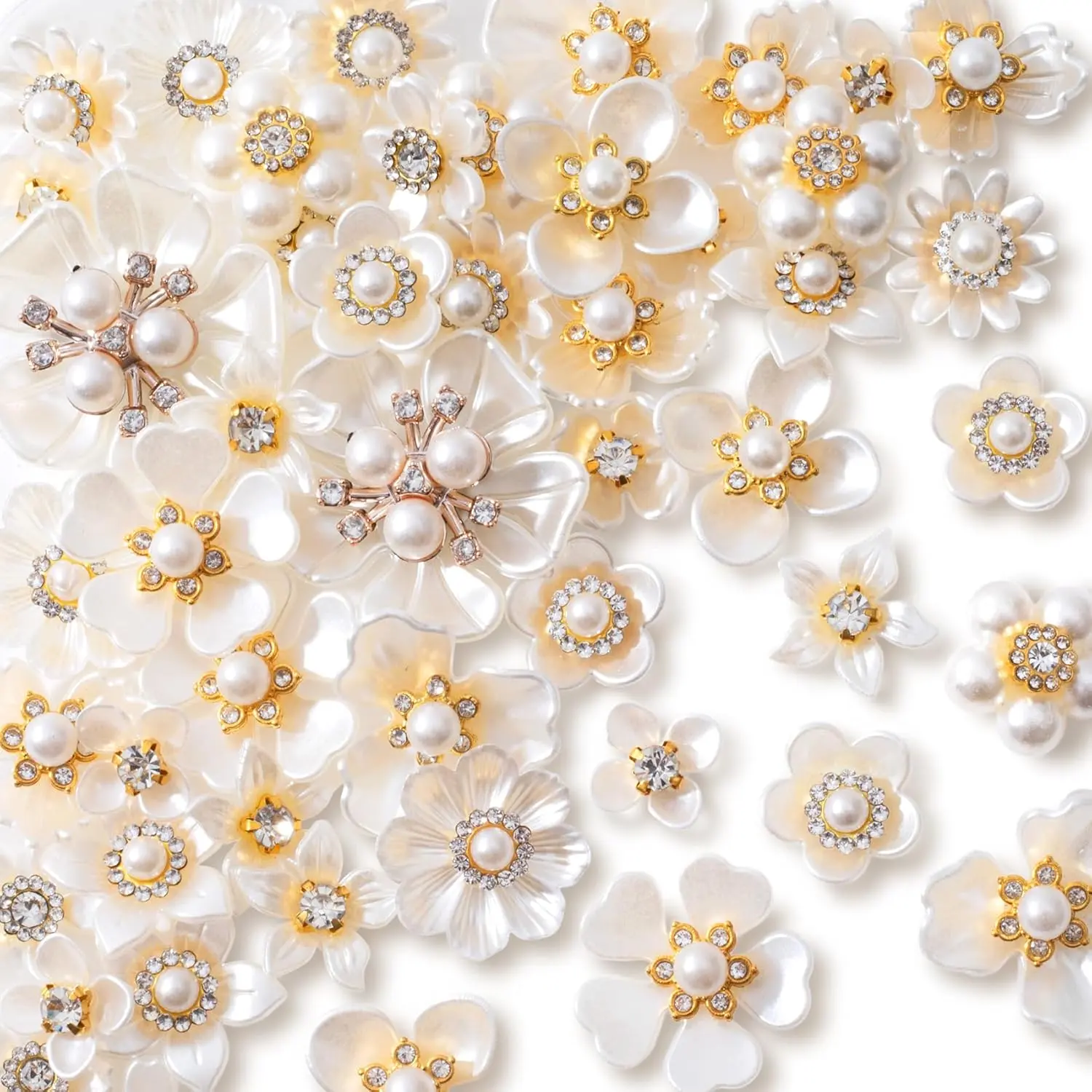 42pcs White Flower Faux Pearl Rhinestone Buttons, Sparkly Embellishments for Wedding Party Decorations, Ideal for DIY Crafters
