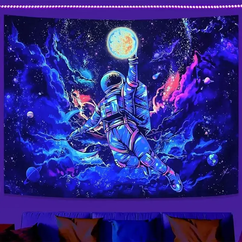 Black Light Astronaut Space Wall Hanging Tapestry, Ultraviolet Reaction Galaxy Universe Planets Shine in Darkness, Tapestry Room Decoration Cool Poster Decoration Designed for Men, Boys, and Adolescents,