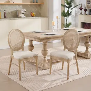 French Country Dining Chair Set of 2, Upholstered  Chairs with Nature Rattan Round Back, Wire drawing and carving techniques ,Disassemblable and Stackable,  for Living Room, Kitchen , Restaurant Use