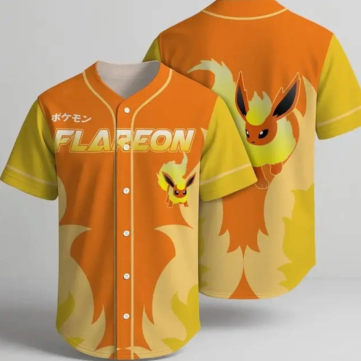 BaseMode Jerseys Flareon Baseball Jersey PNG Fire Element Graphic Unisex Shirt Loose Fit 100% Polyester V-Neck Short Sleeves