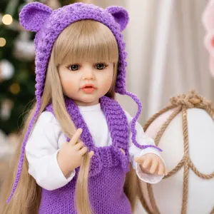 55Cm 22Inch Reborn Baby Doll Made of Full Body Vinyl a Realistic Newborn Girl Doll With Purple Knit Bear Outfit Bathable Lifelike Toddler Princess Gift for Birthdays Halloween Christmas