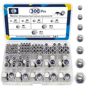 300 Pack Metric Nylon Insert Locknuts Assortment Kit,M3 M4 M5 M6 M8 M10 M12 Nylock Nuts Sets,304 Stainless Steel Standard Threaded Lock Nuts