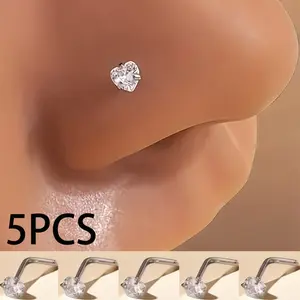 5Pcs Mini Heart L-Shaped Nose Stud Exquisite Shiny Zirconia Nose Piercing Minimalist L-shaped Boho Nose Nostril Piercing Heart Nose Screw Ear Stud Ring Body Jewelry