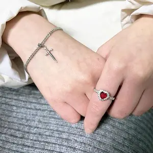 Heart Shaped Ring Sword Bracelet Set Couple Gold/Silver Matching Ring and Bracelet Set Sword Chain Bracelet Ruby ​​Promise Ring for Her, Wword Through Heart Valentine's Day Anniversary Fashion Jewelry