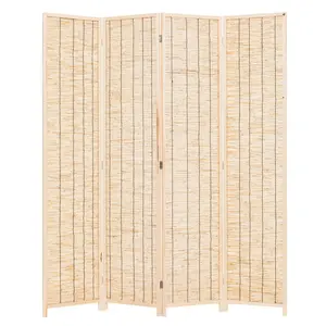 THY COLLECTIBLES Decorative Freestanding Wood Frame Reed Woven 4 Panels Hinged Semi Privacy Panel Screen Portable Folding Room Divider