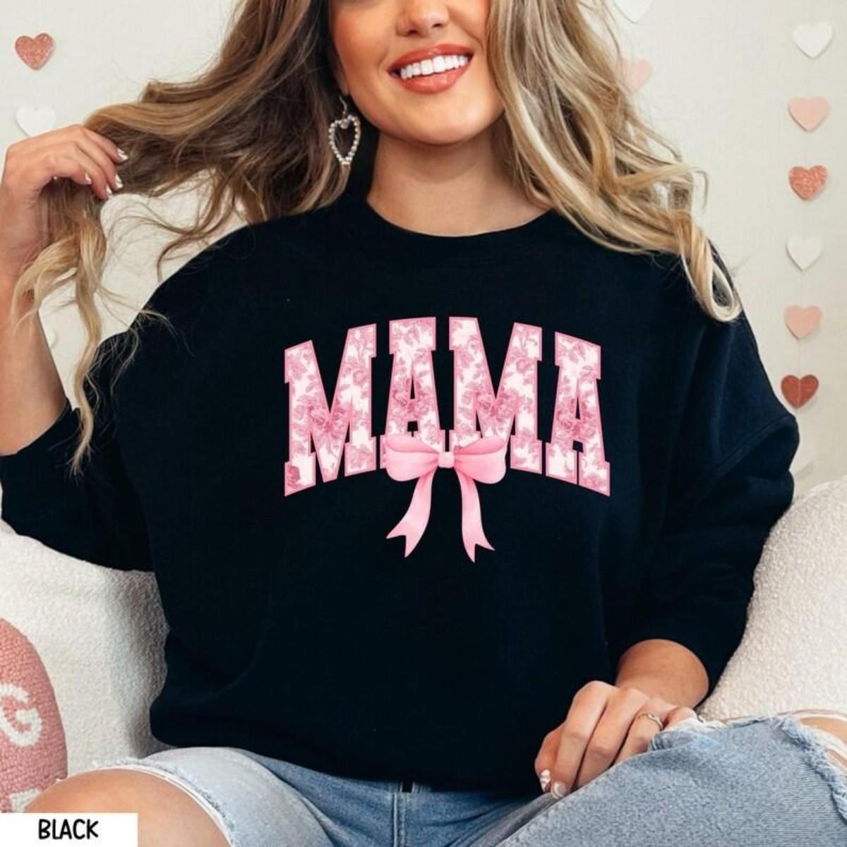 [ Sale Up To 50% ] Coquette Pink Mama Sweatshirt, Cute Pink Bow Mama Shirt, Popular Mother Tee, Trendy Mother T-Shirt, Pink Toile Mama Sweater, New Mama Shirt